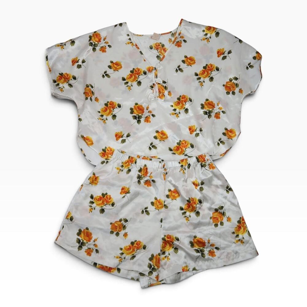 Vintage 90s Barbizon White and Yellow Rose Floral Satin Pajama Set XL
